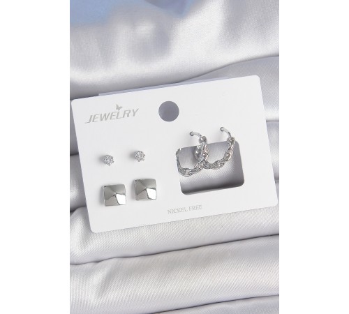 Pirinç Gümüş Renk Zirkon Taşlı Burgu Halka Model Kare Detay 3 Çift Kadın Küpe Seti - TJ-BKP10605