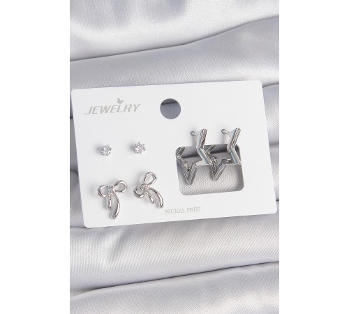 Pirinç Gümüş Renk Zirkon Taşlı Yıldız Model Fiyonk Detay 3 Çift Kadın Küpe Seti - TJ-BKP10606