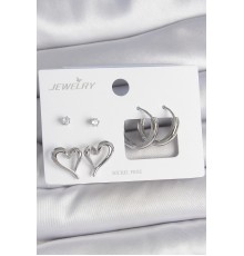 Pirinç Gümüş Renk Zirkon Taşlı Halka Model Kalp Detay 3 Çift Kadın Küpe Seti - TJ-BKP10607