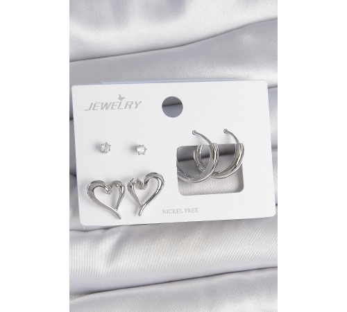 Pirinç Gümüş Renk Zirkon Taşlı Halka Model Kalp Detay 3 Çift Kadın Küpe Seti - TJ-BKP10607