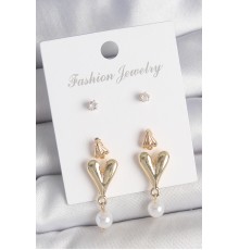 Pirinç Gold Renk Zirkon Taşlı İncili Sallantılı Kalp Model 3 Çift Kadın Küpe Seti - TJ-BKP10608