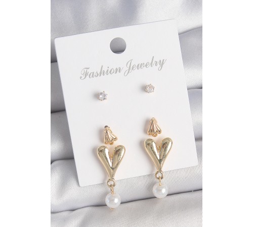 Pirinç Gold Renk Zirkon Taşlı İncili Sallantılı Kalp Model 3 Çift Kadın Küpe Seti - TJ-BKP10608