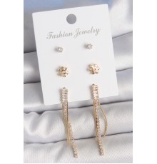 Pirinç Gold Renk Zirkon Taşlı Sallantılı Model Kar Tanesi Detay 3 Çift Kadın Küpe Seti - TJ-BKP10609