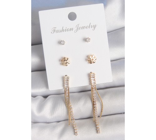 Pirinç Gold Renk Zirkon Taşlı Sallantılı Model Kar Tanesi Detay 3 Çift Kadın Küpe Seti - TJ-BKP10609