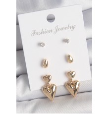 Pirinç Gold Renk Zirkon Taşlı Sallantılı Kalp Model 3 Çift Kadın Küpe Seti - TJ-BKP10610