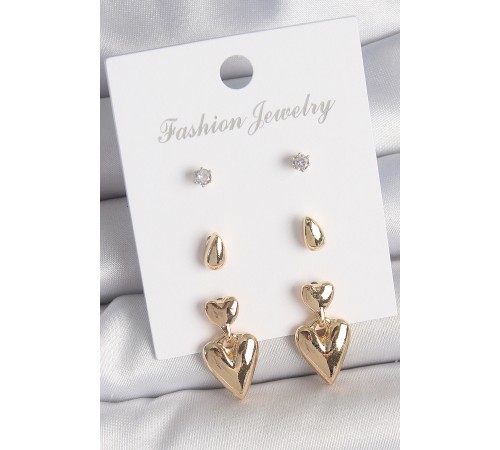 Pirinç Gold Renk Zirkon Taşlı Sallantılı Kalp Model 3 Çift Kadın Küpe Seti - TJ-BKP10610