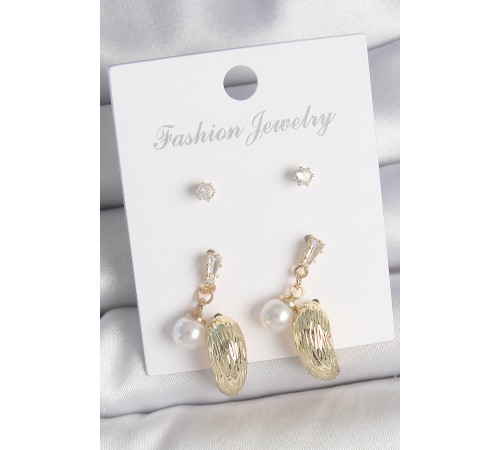 Pirinç Gold Renk Zirkon Taşlı İncili Sallantılı İşlemeli Damla Model 3 Çift Kadın Küpe Seti - TJ-BKP10611