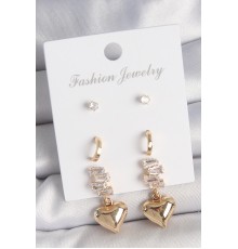 Pirinç Gold Renk Zirkon Taşlı Sallantılı Kalp Model Yarım Halka Detay 3 Çift Kadın Küpe Seti - TJ-BKP10612