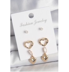 Pirinç Gold Renk Zirkon Taşlı Sallantı Kalp Model Kadın 3 Çift Küpe Seti - TJ-BKP10613