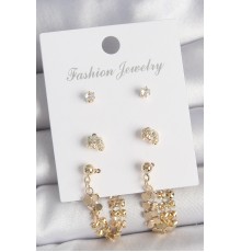 Pirinç Gold Renk Zirkon Taşlı Sallantılı Pul Model 3 Çift Kadın Küpe Seti - TJ-BKP10614