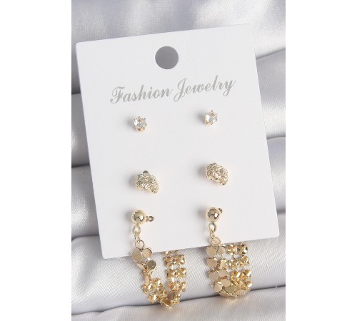 Pirinç Gold Renk Zirkon Taşlı Sallantılı Pul Model 3 Çift Kadın Küpe Seti - TJ-BKP10614