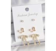 Pirinç Gold Renk Zirkon Taşlı Fiyonk Model Detay 3 Çift Kadın Küpe Seti - TJ-BKP10615