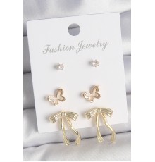Pirinç Gold Renk Zirkon Taşlı Fiyonk Model Detay 3 Çift Kadın Küpe Seti - TJ-BKP10615