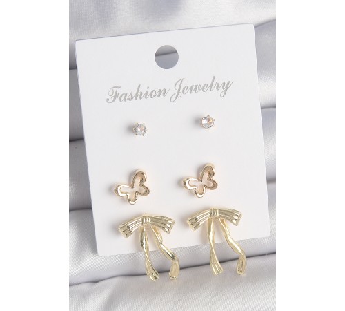 Pirinç Gold Renk Zirkon Taşlı Fiyonk Model Detay 3 Çift Kadın Küpe Seti - TJ-BKP10615