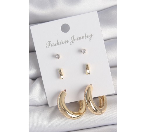 Pirinç Gold Renk Zirkon Taşlı Halka Model 3 Çift Kadın Küpe Seti - TJ-BKP10616