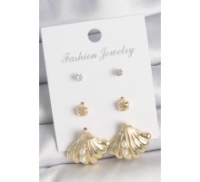 Pirinç Gold Renk Zirkon Taşlı İnci Detaylı Deniz Kabuğu Model 3 Çift Kadın Küpe Seti - TJ-BKP10617