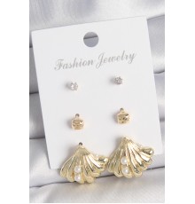 Pirinç Gold Renk Zirkon Taşlı İnci Detaylı Deniz Kabuğu Model 3 Çift Kadın Küpe Seti - TJ-BKP10617