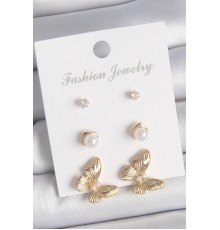 Pirinç Gold Renk Zirkon Taşlı İşlemeli Motif Model 3 Çift Kadın Küpe Seti - TJ-BKP10619