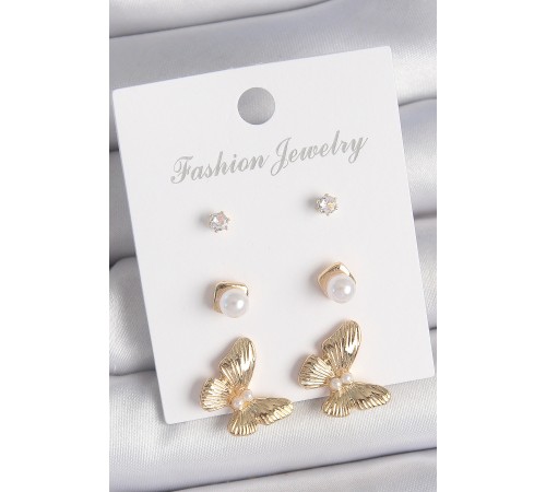 Pirinç Gold Renk Zirkon Taşlı İşlemeli Motif Model 3 Çift Kadın Küpe Seti - TJ-BKP10619