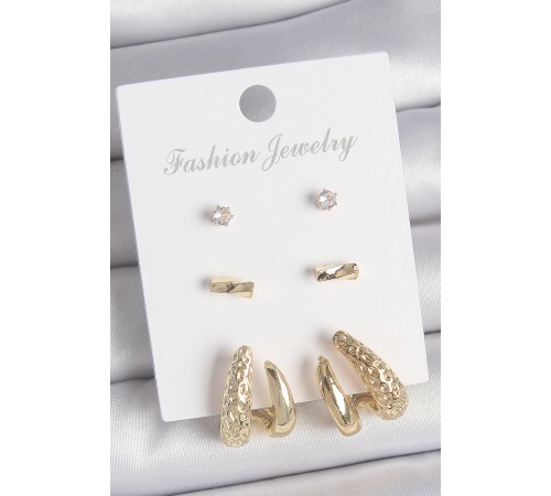 Pirinç Gold Renk Zirkon Taşlı İncili Model 3 Çift Kadın Küpe Seti - TJ-BKP10618