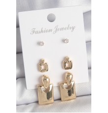 Pirinç Gold Renk Zirkon Taşlı Sallantılı Kare Model 3 Çift Kadın Küpe Seti - TJ-BKP10620