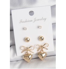 Pirinç Gold Renk Zirkon Taşlı Kurdele Sallantılı Kalp Model 3 Çift Kadın Küpe Seti - TJ-BKP10621