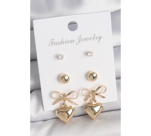 Pirinç Gold Renk Zirkon Taşlı Kurdele Sallantılı Kalp Model 3 Çift Kadın Küpe Seti - TJ-BKP10621