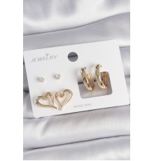 Pirinç Gold Renk Zirkon Taşlı Halka Model Kalp Detay 3 Çift Kadın Küpe Seti - TJ-BKP10622