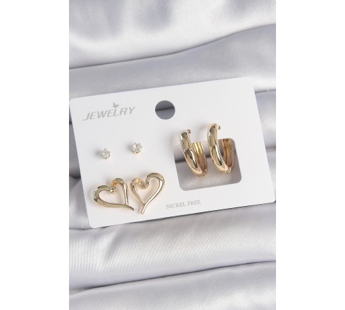 Pirinç Gold Renk Zirkon Taşlı Halka Model Kalp Detay 3 Çift Kadın Küpe Seti - TJ-BKP10622