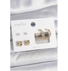 Pirinç Gold Renk Burgu Halka Model Zirkon Taşlı Kare Detay 3 Çift Kadın Küpe Seti - TJ-BKP10623