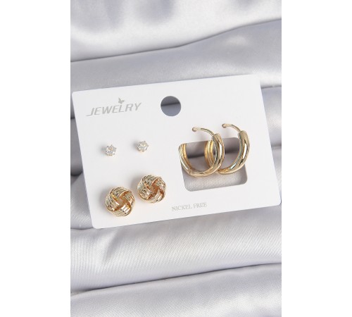 Pirinç Gold Renk Zirkon Taşlı Halka Model Burgu Detay 3 Çift Kadın Küpe Seti - TJ-BKP10625