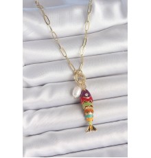İnci Detaylı Zirkon Taşlı Rainbow Balık Figürlü Gold Renk Pirinç Kolye - TJ-BKO10215