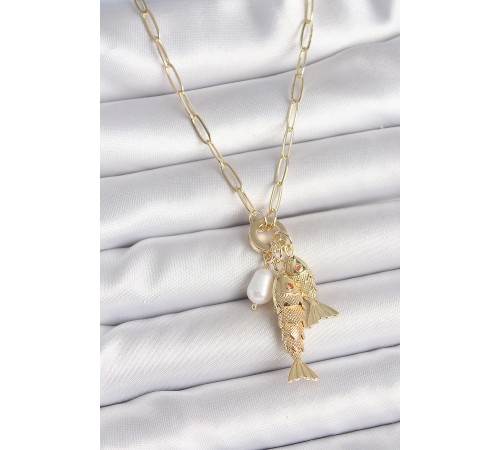 İnci Detaylı Zirkon Taşlı Çiftli Balık Figürlü Gold Renk Pirinç Kolye - TJ-BKO10217