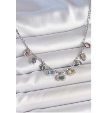 Sıralı Karışık Renk Zirkon Taşlı Gümüş Pirinç Kolye - TJ-BKO10220