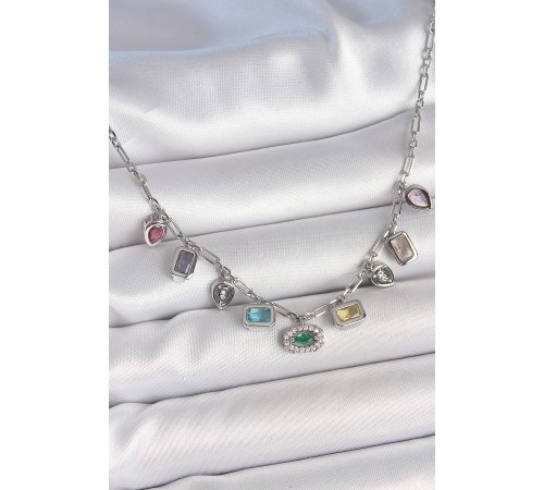 Sıralı Karışık Renk Zirkon Taşlı Gümüş Pirinç Kolye - TJ-BKO10220