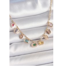 Sıralı Karışık Renk Zirkon Taşlı Gold Pirinç Kolye - TJ-BKO10221