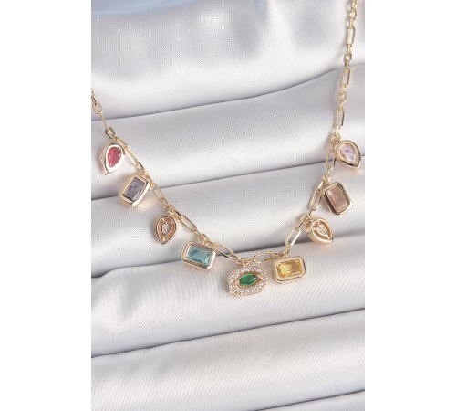 Sıralı Karışık Renk Zirkon Taşlı Gold Pirinç Kolye - TJ-BKO10221