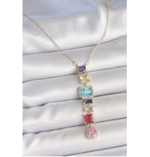 Gold Karışık Renk Zirkon Taşlı Y Pirinç Kolye - TJ-BKO10225