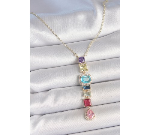 Gold Karışık Renk Zirkon Taşlı Y Pirinç Kolye - TJ-BKO10225