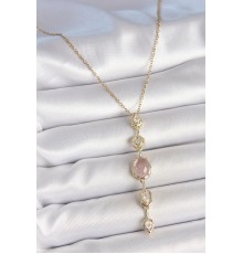 316L Çelik Zincir Gold Renk Pembe Zirkon Taşlı Y Kolye - TJ-BKO10226