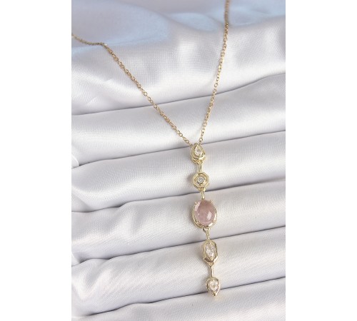 316L Çelik Zincir Gold Renk Pembe Zirkon Taşlı Y Kolye - TJ-BKO10226