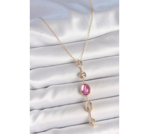 Pirinç Zincir Gold Renk Pembe Zirkon Taşlı Y Kolye - TJ-BKO10228