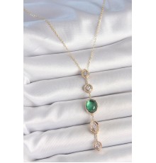 Pirinç Zincir Zümrüt Yeşil Gold Renk Zirkon Taşlı Y Kolye - TJ-BKO10229