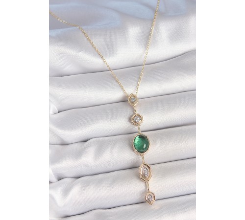 Pirinç Zincir Zümrüt Yeşil Gold Renk Zirkon Taşlı Y Kolye - TJ-BKO10229