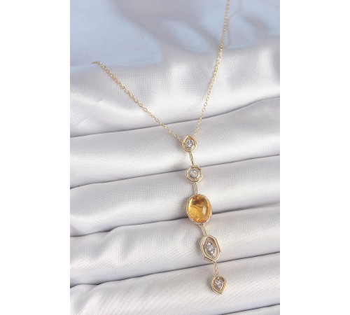 Pirinç Zincir Kehribar Sarı Gold Renk Zirkon Taşlı Y Kolye - TJ-BKO10230