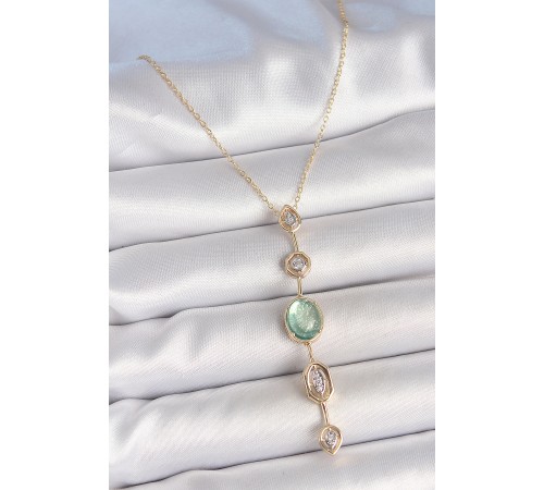 Pirinç Zincir Su Yeşili Gold Renk Zirkon Taşlı Y Kolye - TJ-BKO10232