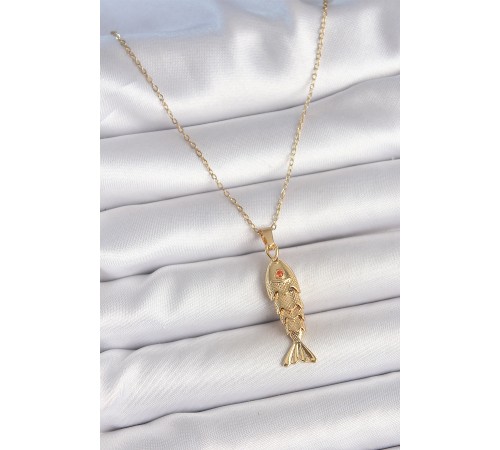 316L Çelik Zincir Gold Renk Zirkon Taşlı Balık Figürlü Kolye - TJ-BKO10234
