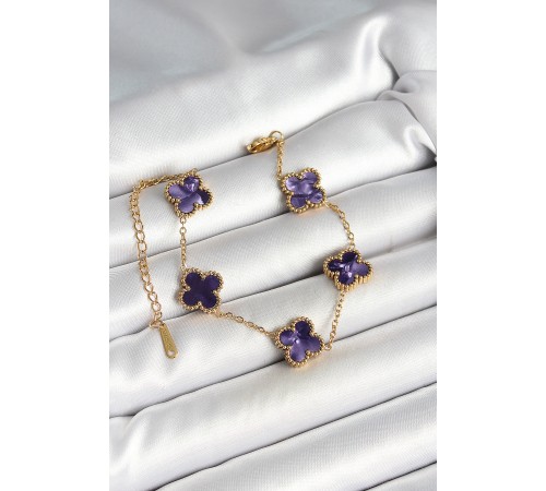 316L Çelik Sedefli Mor Gold Renk Yonca Kadın Bileklik - TJ-BB6966