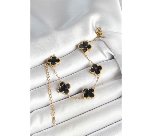 316L Çelik Sedefli Siyah Gold Renk Yonca Kadın Bileklik - TJ-BB6969