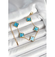 316L Çelik Sedefli Gökyüzü Mavisi Gold Renk Yonca Kadın Bileklik - TJ-BB6967